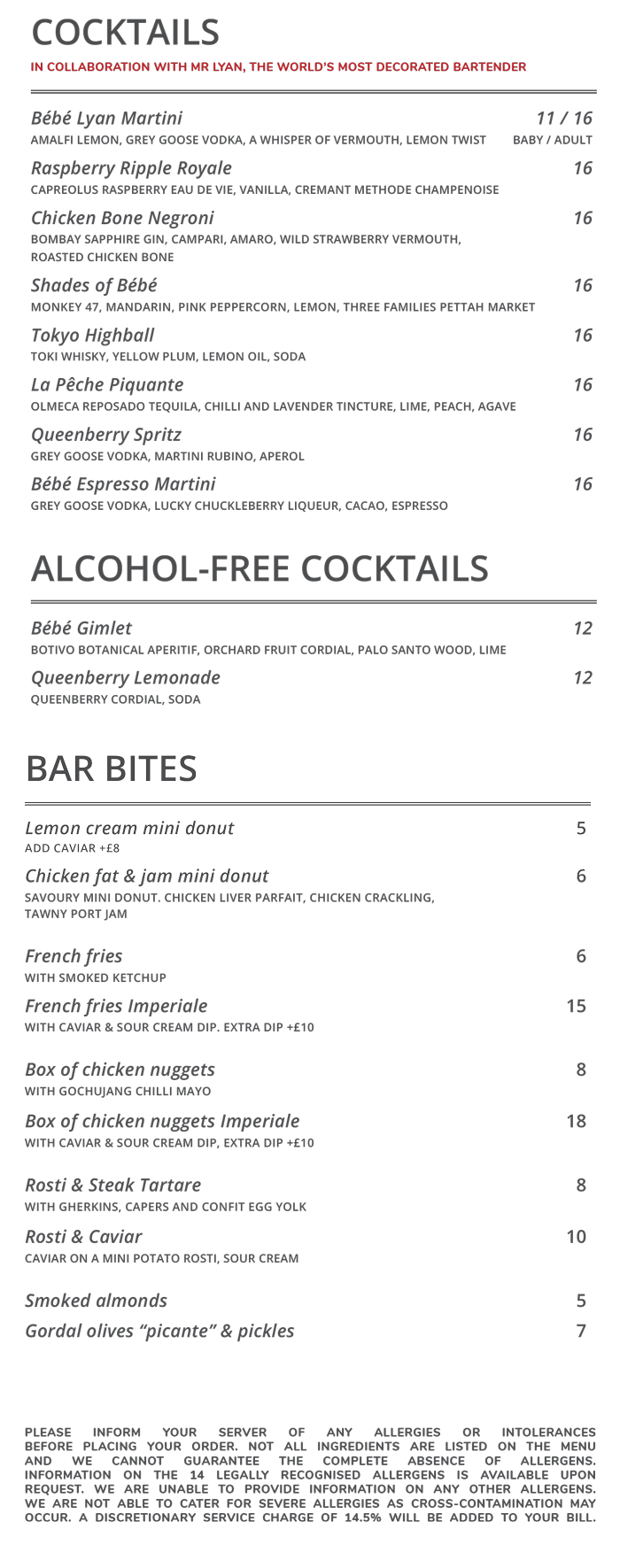 bebe bob soho cocktail bar menu